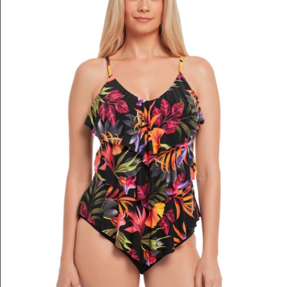 NWT Magicsuit tropical botanical print tiered/layered top. Note: top only.